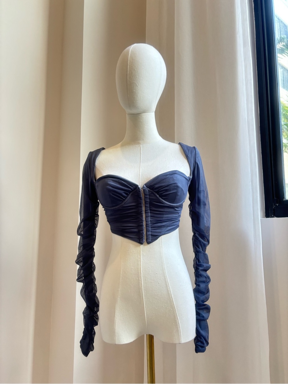 Oh Polly Navy Blue Ruched Mesh Sleeve Corset Top Hook and Eye Crop Blouse XS